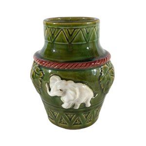 Vintage White Elephant Planter or Vase Hand Painted Ceramic-Lucky Trunks Up